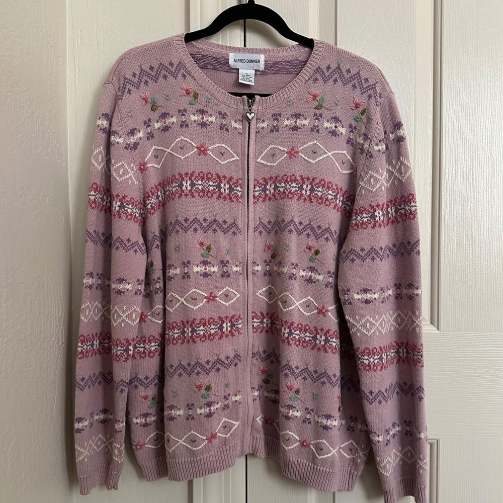 Vintage Alfred Dunner Floral Embroidered Zip-Up Cardigan Sweater, Purple Pink XL
